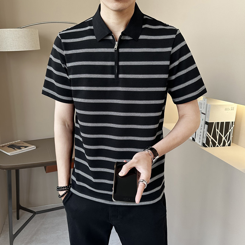半拉链条纹polo衫短袖T夏季潮流半袖体恤男士有领上衣PL88559-P68,男装Polo衫,电商A239