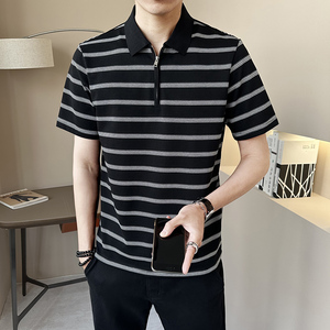 半拉链条纹polo衫短袖T夏季潮流半袖体恤男士有领上衣PL88559-P68图片