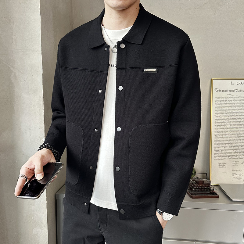 2026春季韩系潮男黑色翻领针织开衫修身夹克外套K7711-P130，男装夹克，电商A239