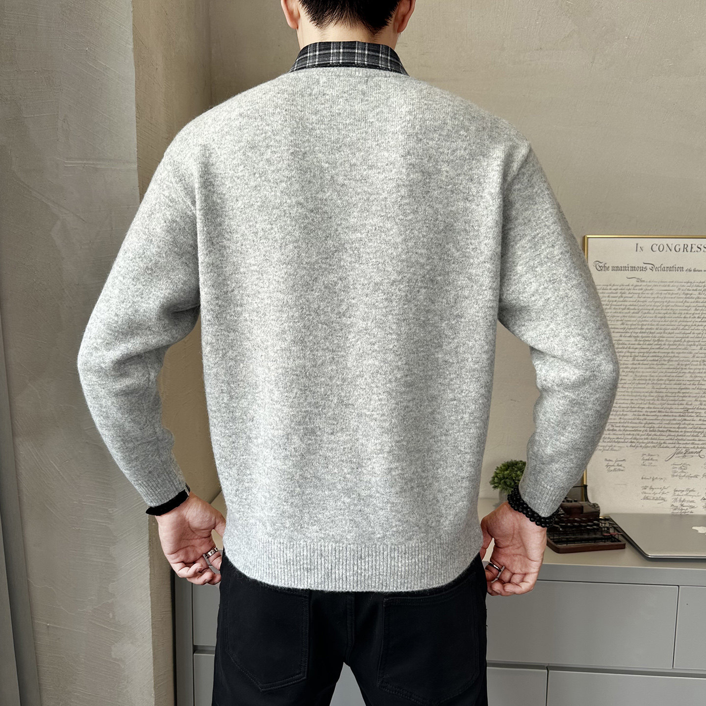 拼接假两件羊毛混纺内搭长袖男秋冬百搭上衣针织衫毛衣D6098-P120,男装针织衫/毛衣,电商A239