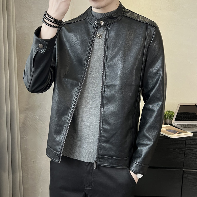 春季短款皮衣小立领外套男韩版修身机车皮夹克P5580-P140，男装夹克，电商A239