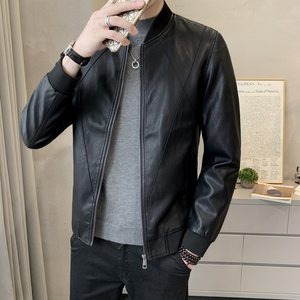 秋季短款皮衣 棒球服外套 男韩版修身机车皮夹克 P719-P130图片