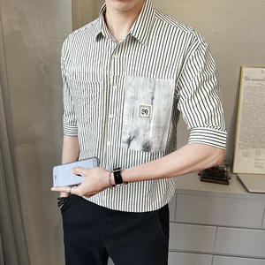 男士夏季天丝中袖衬衫休闲拼接撞色衬衣潮流上衣男装C1706-P65图片