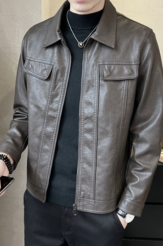春季短款皮衣翻领外套男韩版修身机车皮夹克P5582-P145,男装夹克,电商A239