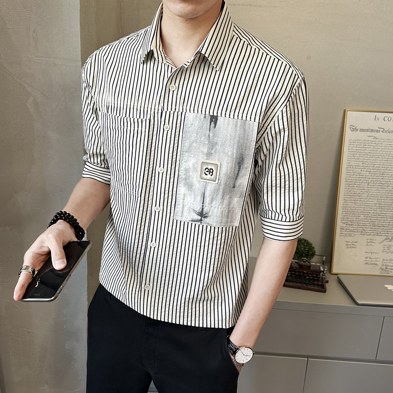 新款男士夏季中袖衬衫休闲拼接撞色衬衣潮流上衣男装C1706-P68图片