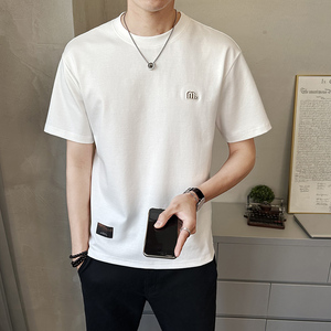夏季新款男简约刺绣圆领短袖T韩版简约百搭修身半袖t恤T89072-P48,房屋白色怎么搭配图片