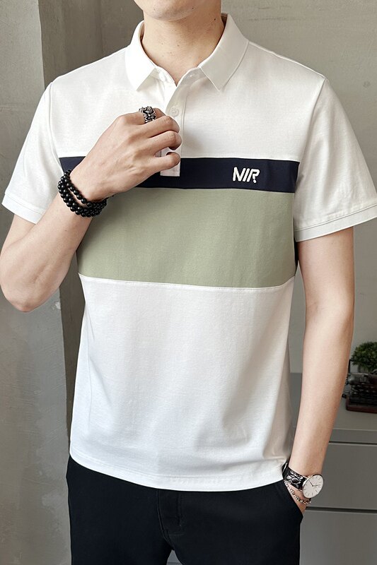 夏季新款男士短袖T恤时尚拼接刺绣潮牌上衣翻领T恤衫PL88553-P60,男装Polo衫,电商A239
