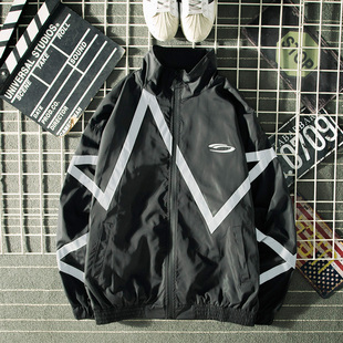 ins潮牌夹克 棒球衫 欧美街头秋工装 外套男宽松嘻哈拼接反光条个性