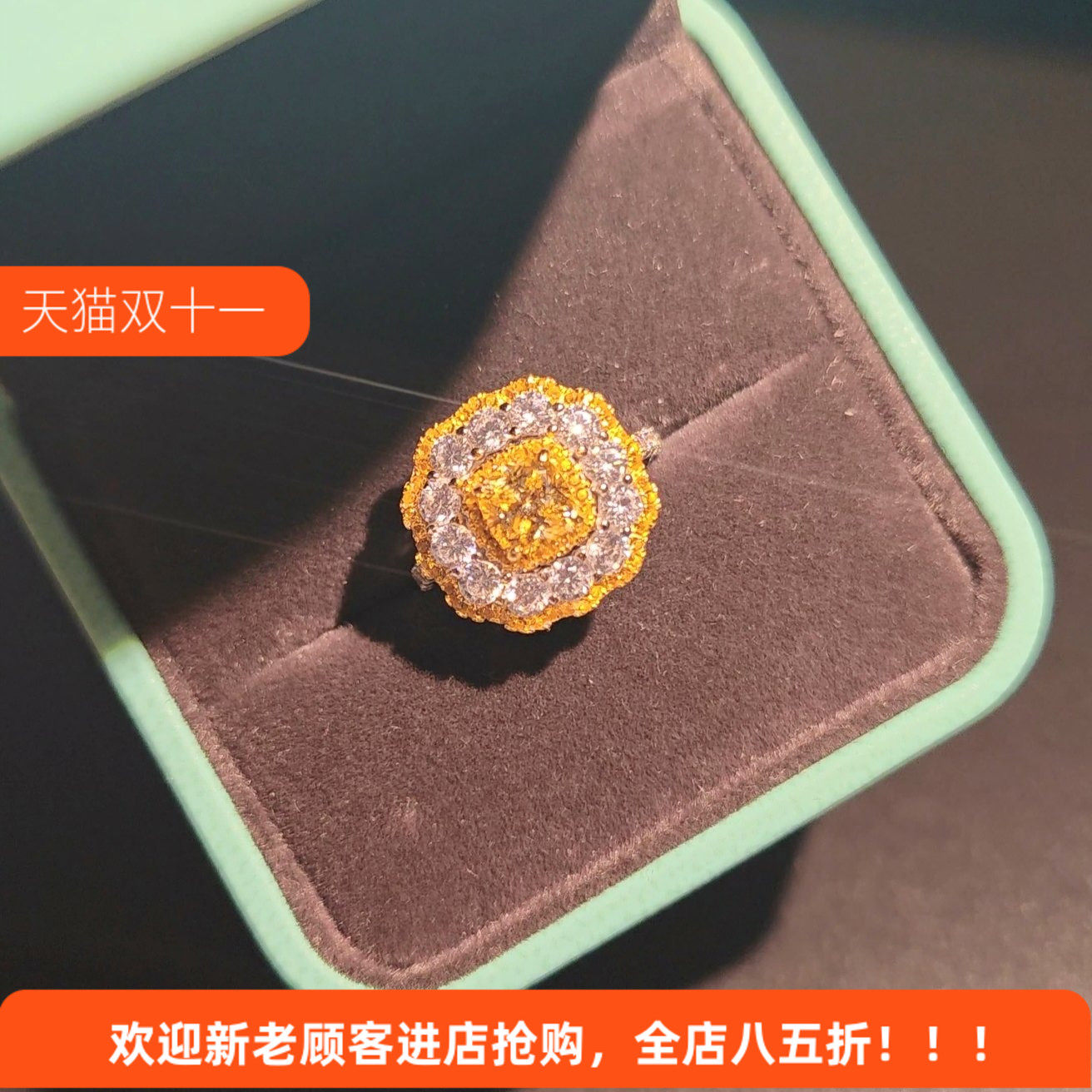 S925纯银时尚金色太阳花朵戒指女圆形镶钻开口轻奢高级黄钻戒指