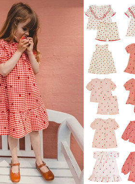25夏季新款floss系列女童裙格子草莓套装短袖连衣裙碎花短裤