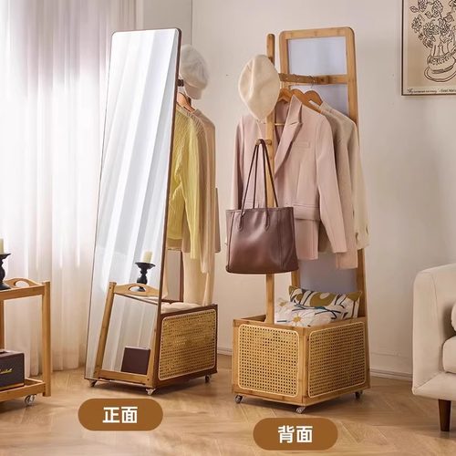 全身镜落地镜家用镜子落地镜旋转穿衣镜挂衣架一体卧室衣篓试衣镜