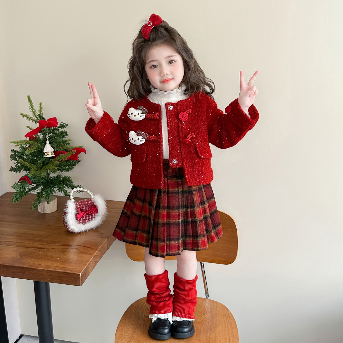 女童加厚夹棉红呢子外套三件套裙冬季2025新款小女孩洋气年服套装