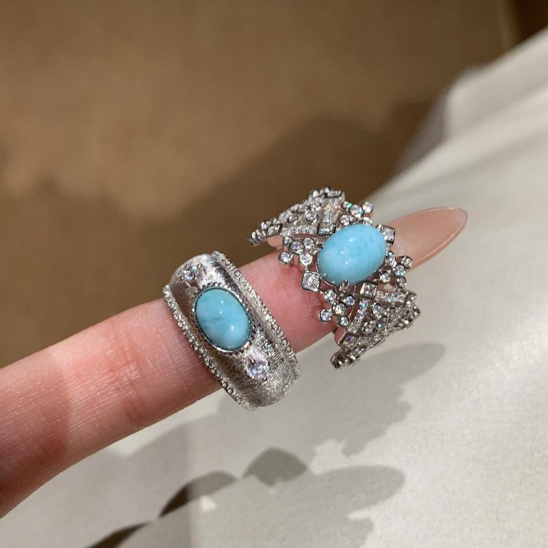 Vintage中古轻奢高级感拉丝镶钻绿松石戒指小众设计重工宽版指环