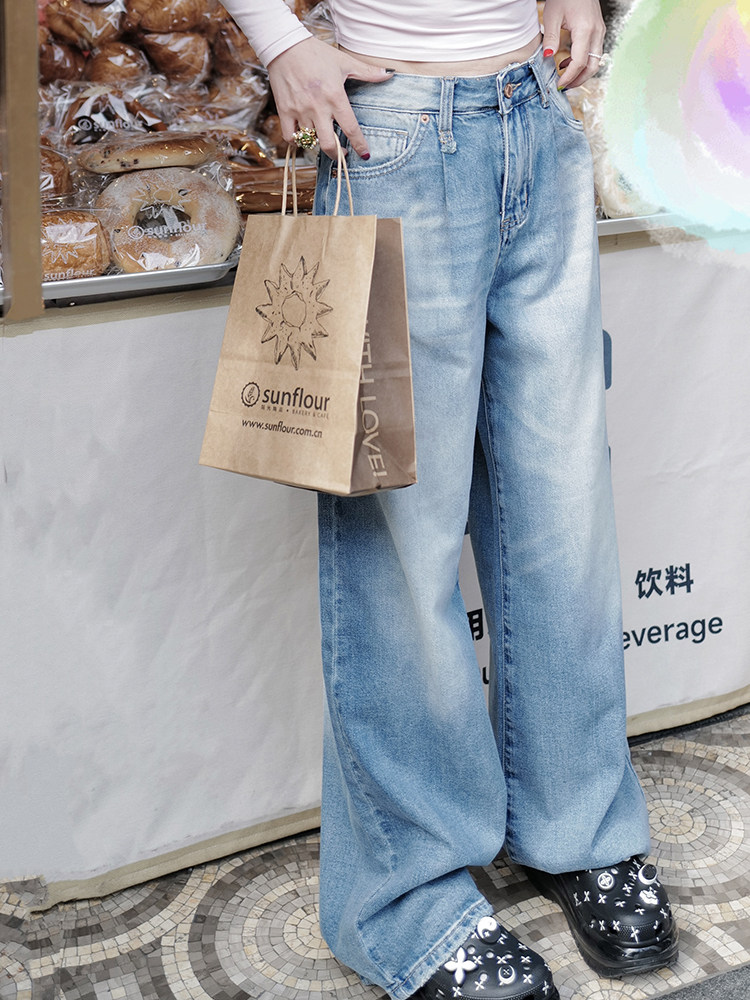 高腰宽松直筒牛仔裤女垂感2024春秋新款复古浅蓝色拖地阔腿裤裤子