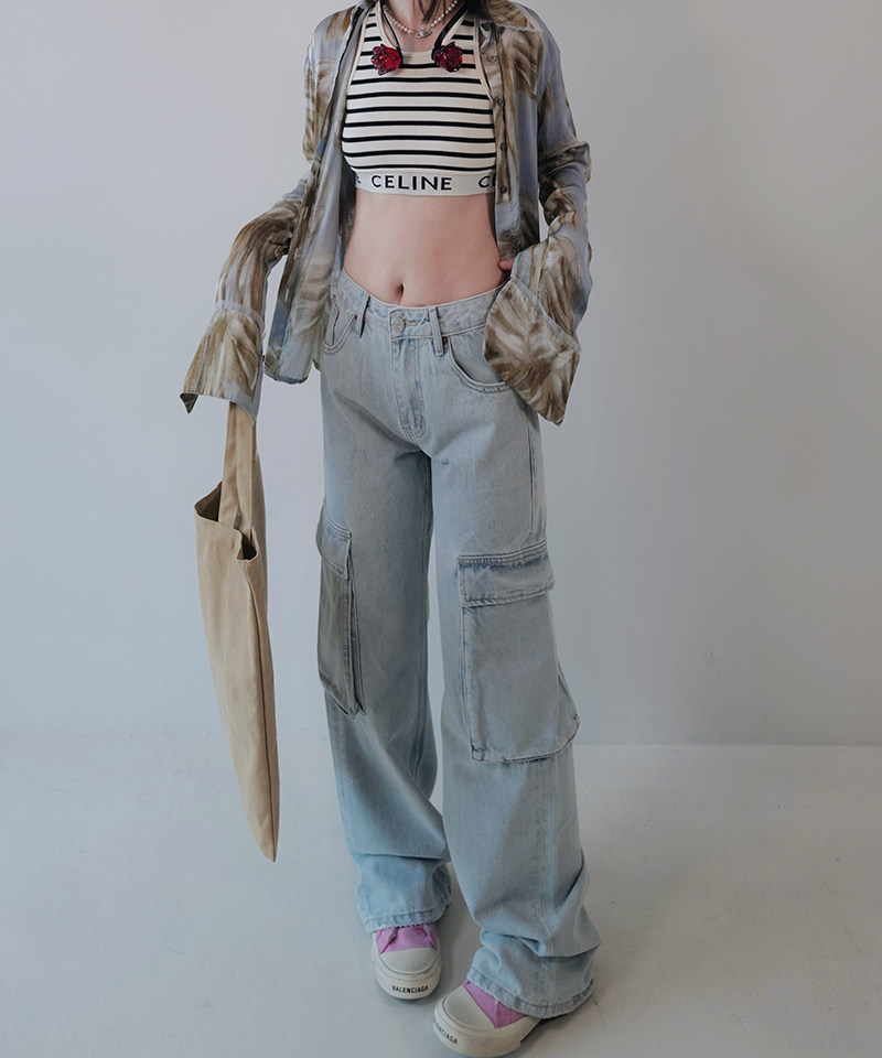 175高个子加长浅色复古美式工装裤女秋季2023新款直筒宽松牛仔裤