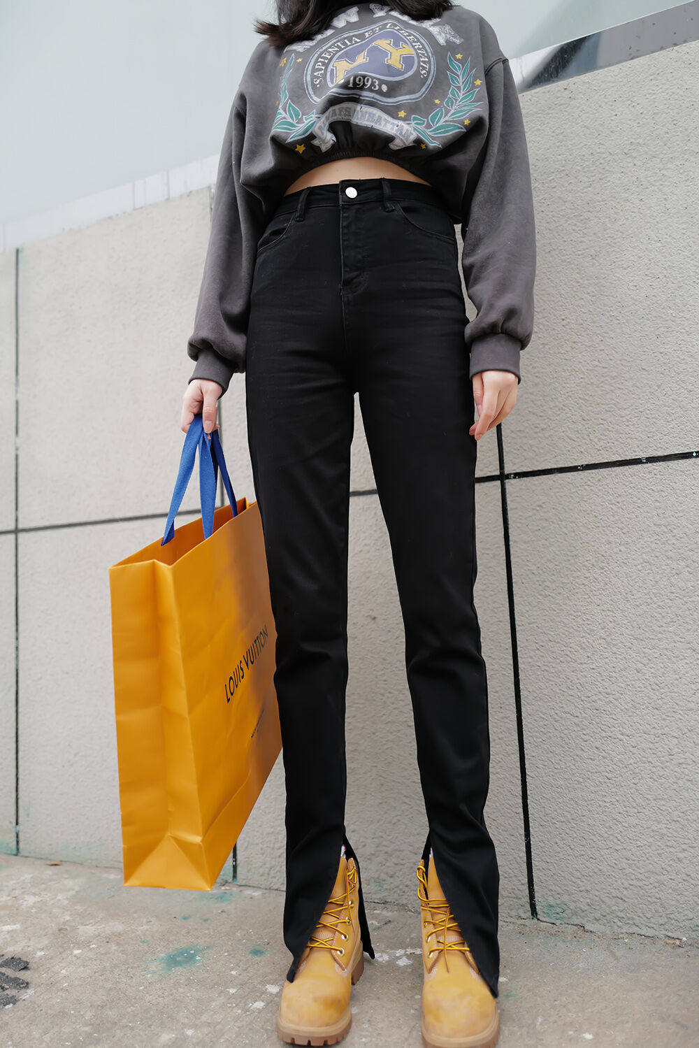 175高个子加长高腰开叉牛仔裤女春秋微喇叭裤黑色百搭修身小脚裤