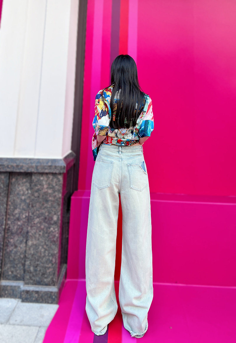 175高个子加长显瘦撞色牛仔阔腿裤2023春宽松大长腿直筒拖地裤女