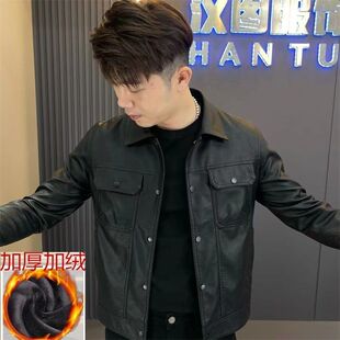 冬季新款加绒加厚百搭高级感纯色翻领时尚潮流修身男士皮夹克外套