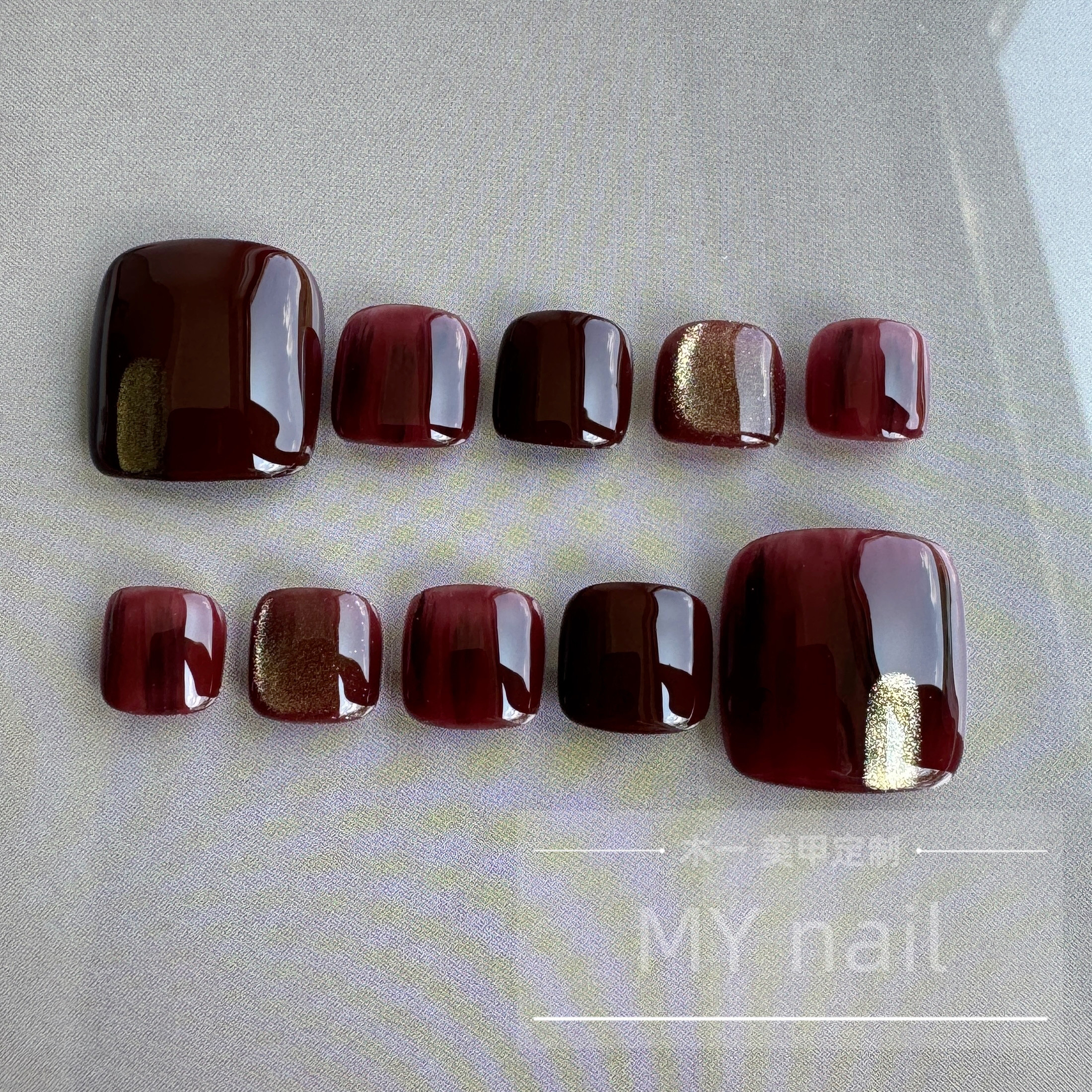 脚趾纯手工穿戴甲深红显白晕染美甲贴片假指甲