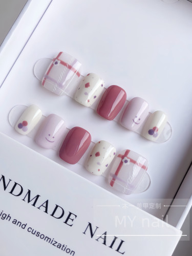 【M.Y nail 】纯手工穿戴甲可爱混搭格子粉色浅紫成品美甲贴片