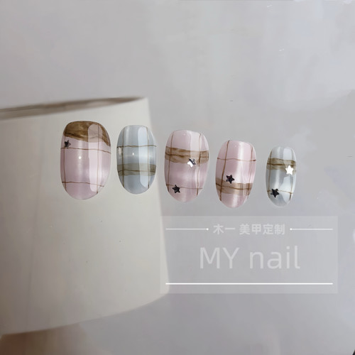 【M.Y nail 】纯手工穿戴甲春夏粉蓝猫眼格纹日系成品美甲贴片