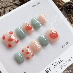圣诞美甲手绘立体苹果穿戴甲假指甲手工成品甲片美甲贴片指甲贴