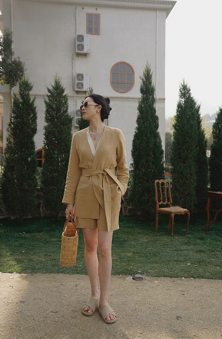 maze studios 姜黄色亚麻套装腰带麻料西装 麻料西装短裤  力荐