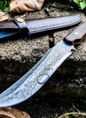 大马士革钢刀直刀分割刀便携野外多用刀高硬度随身刀具防身切片刀