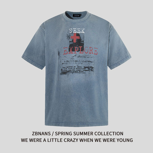 美式复古废土风做旧十字人像印花短袖T恤男女夏季潮流宽松上衣