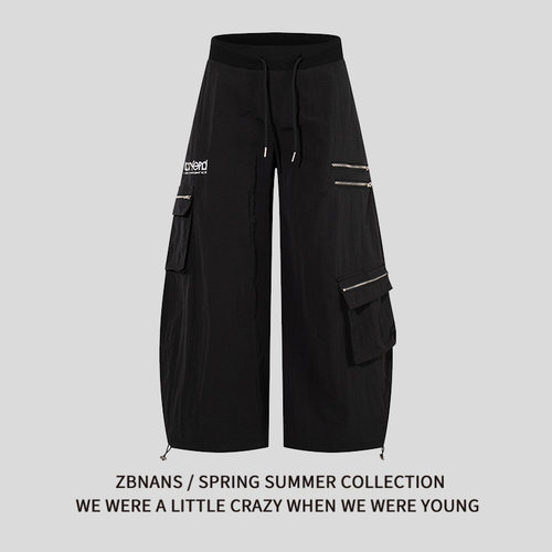 美式潮牌拉链口袋腰字母印花阔腿工装裤男女宽松束脚两穿休闲裤