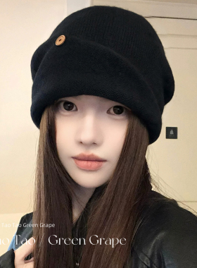 黑色纽扣翻檐针织堆堆帽女2026新款秋冬保暖大头围显脸小毛线帽子