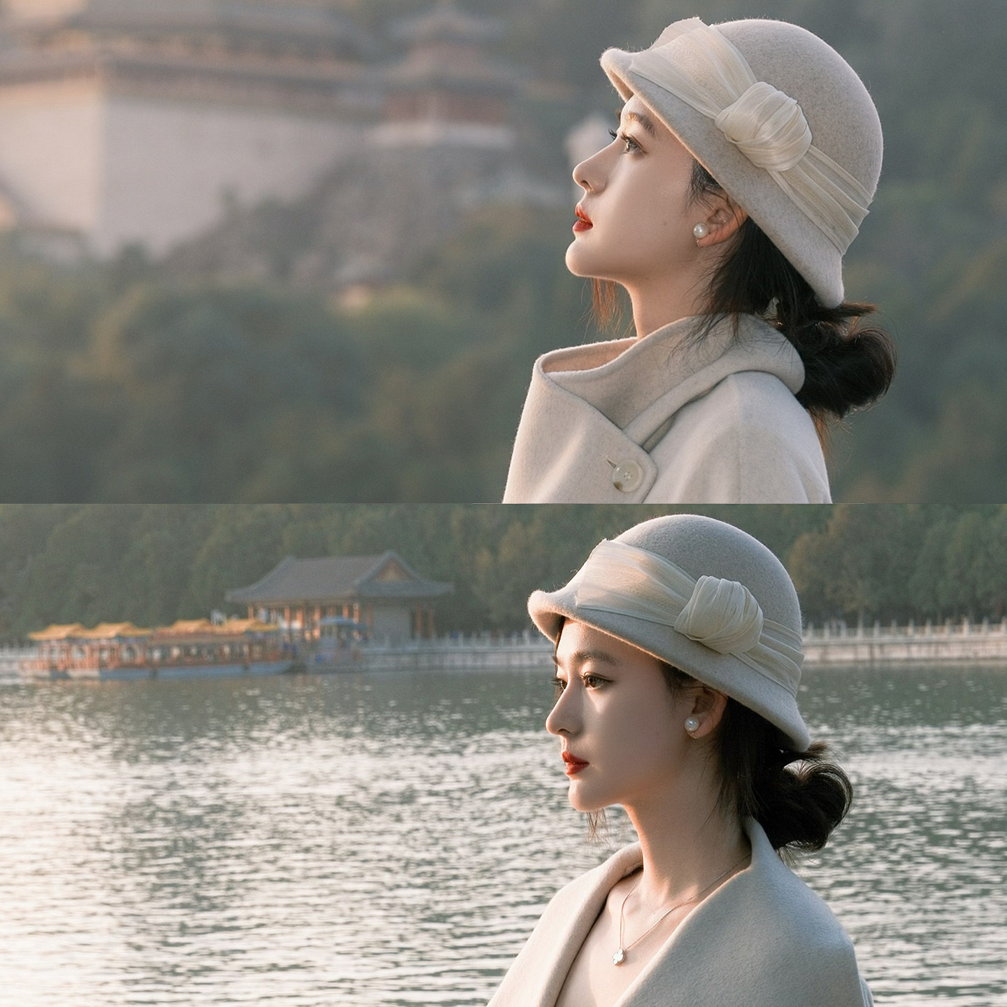 法式赫本风千金白色羊毛礼帽女秋冬蝴蝶结显脸小渔夫盆帽卷边帽子