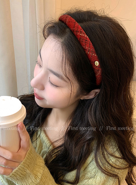 圣诞氛围感红色格子发箍女2025新款秋冬复古高级感新年喜庆头箍饰