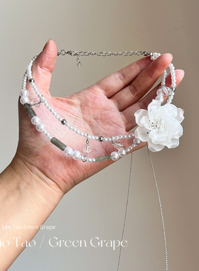 白色贝壳山茶花双层珍珠项链女2026新款设计感独特叠戴锁骨链配饰
