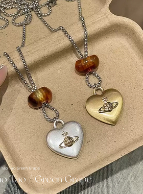 银色星球爱心拉丝吊坠项链女2026新款轻奢小众秋冬长款毛衣链配饰