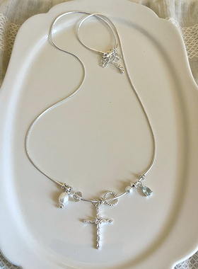 高级感银色bm珍珠锆石十字架吊坠项链女2026新款甜酷辣妹风锁骨链