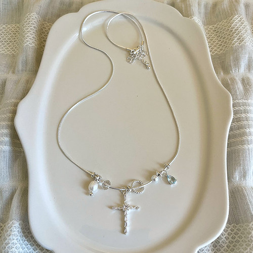 高级感银色bm珍珠锆石十字架吊坠项链女2026新款甜酷辣妹风锁骨链