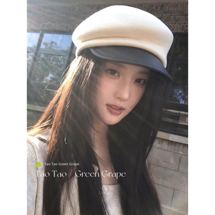 日韩千金归来贵气十足羊毛贝雷帽百搭休闲皮檐拼接毛呢报童帽八角