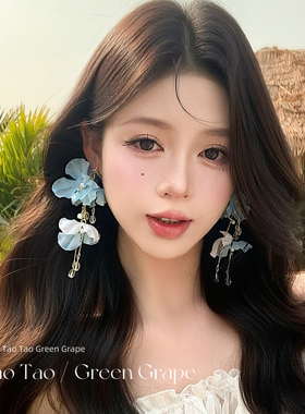 2026新款蓝色流苏花朵耳环女高级感度假风夸张独特漂亮耳钉饰耳夹