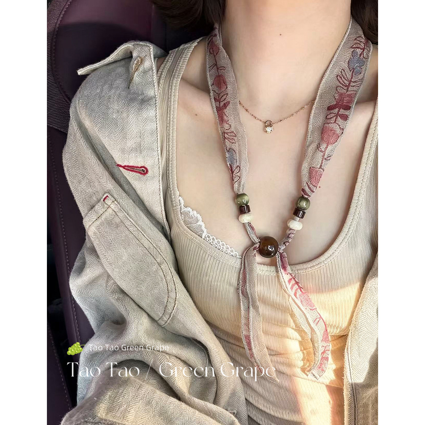 新中式亚麻花朵串珠丝巾项链女款2026新款高级感夏天长款系脖配饰图片