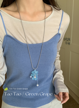 可爱蓝色珍珠小熊吊坠项链女2026新款夏季长款毛衣链高级感配饰