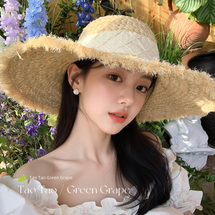 法式田园度假风丝带蝴蝶结草帽女夏海边大帽檐渔夫帽沙滩遮阳帽子