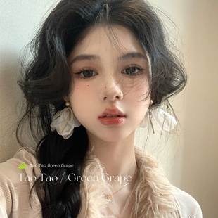 仙气珍珠白色雪纺花朵耳环女2024新款爆款高级感夸张耳钉耳夹耳饰