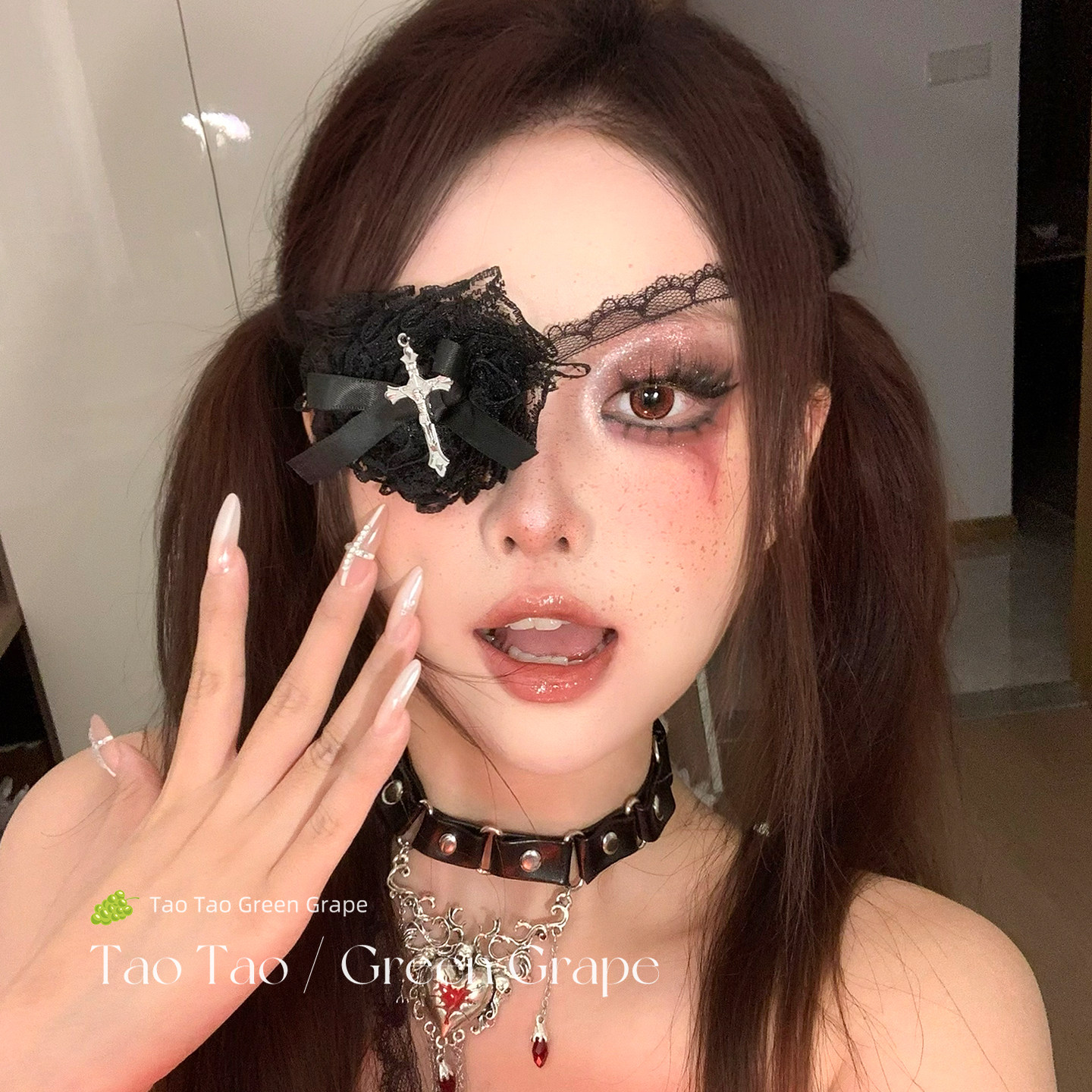 暗黑哥特风黑色蕾丝十字架单眼遮盖眼罩女万圣节cos鬼怪修女配饰图片