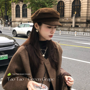韩系棕色羊毛呢贝雷帽女秋冬季2025新款画家帽子显脸小八角报童帽