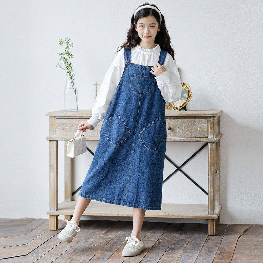 女童牛仔背带裙套装白色衬衣