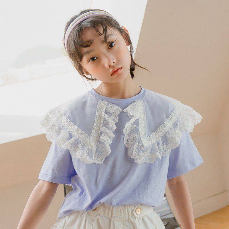 女童t恤短袖蕾丝花边领公主