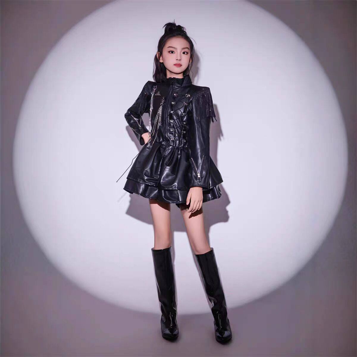 女童黑色流苏骑士风T台走秀服