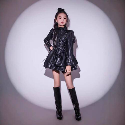 女童黑色流苏骑士风T台走秀服