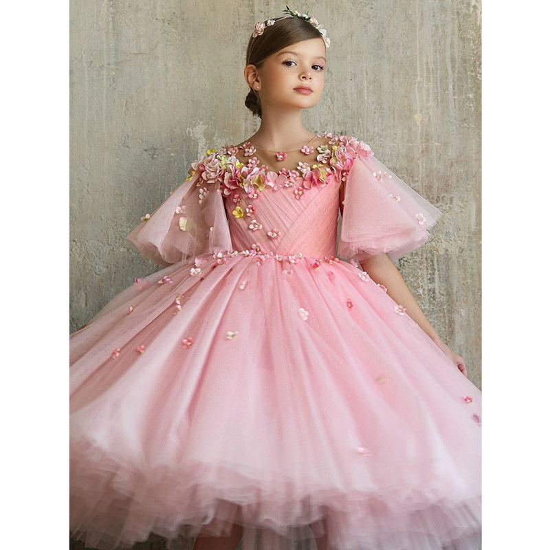 女童粉色蓬蓬公主裙仙生日礼服裙走秀演出服花童钢琴小提琴主持人